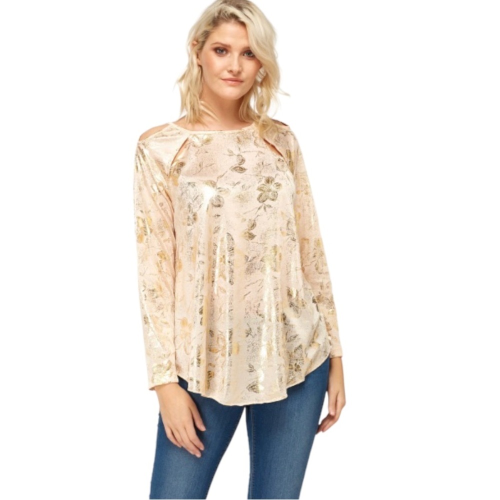 AWESTA Metallic Floral Blouse Laser Cutout Keyhole Blush Gold Party Top Small S
